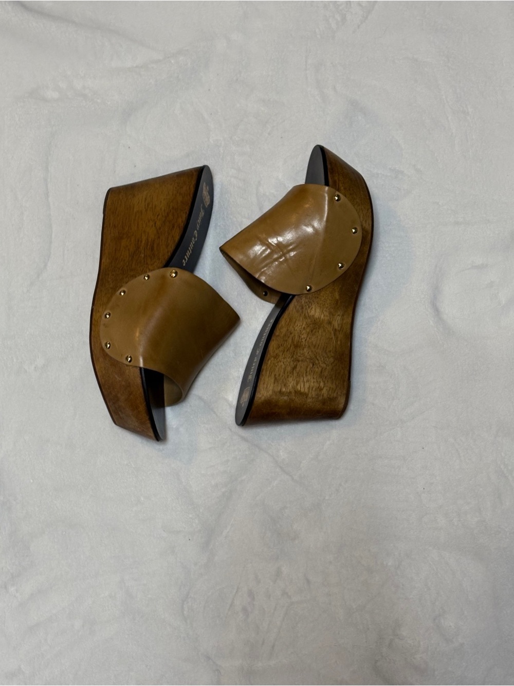 Juicy Couture Brown Tan Leather Wedge Mules with Stud Accents